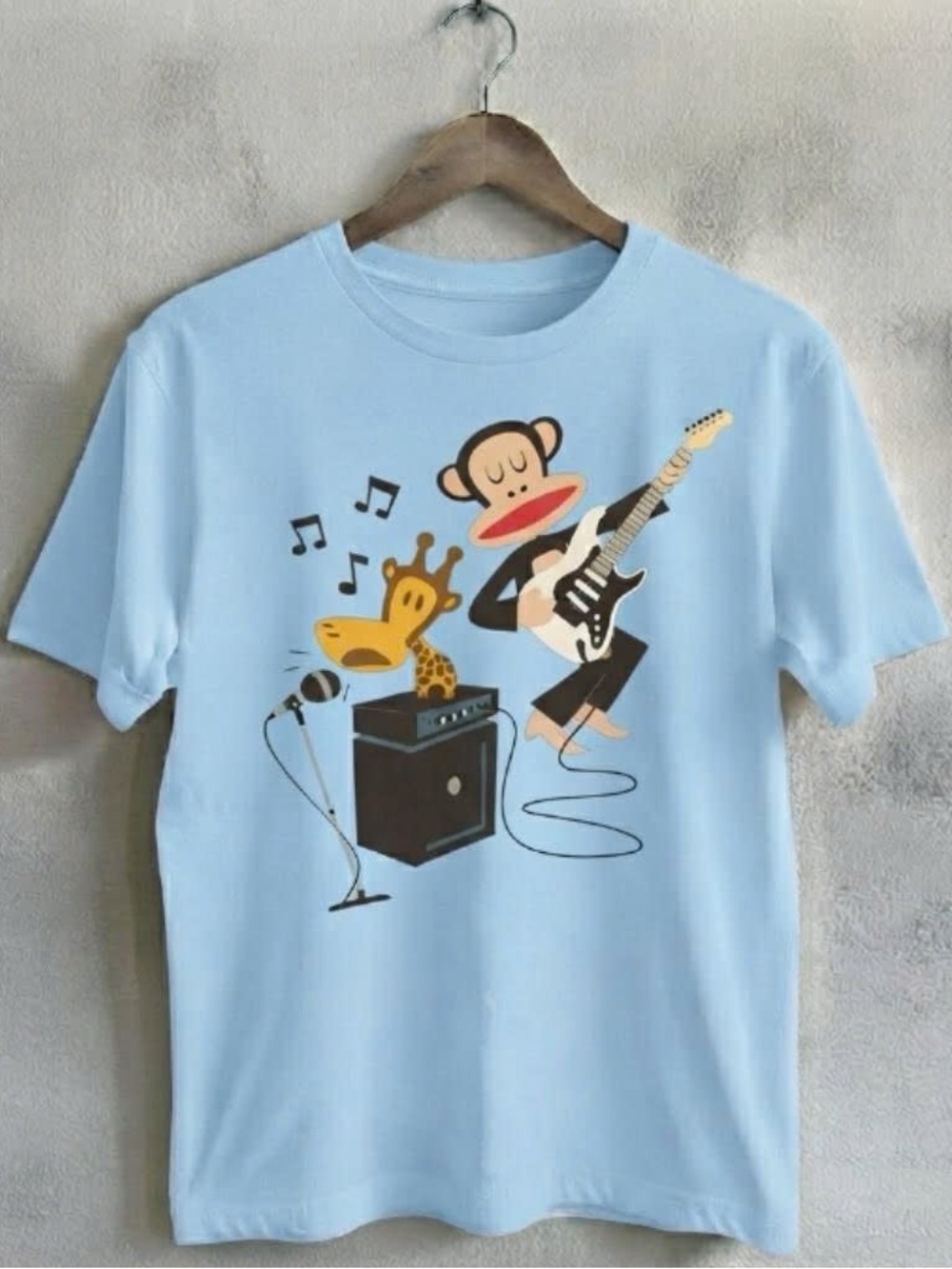 Light Blue Gildan Shirt Cartoon Monkey & Giraffe Graphic Tee